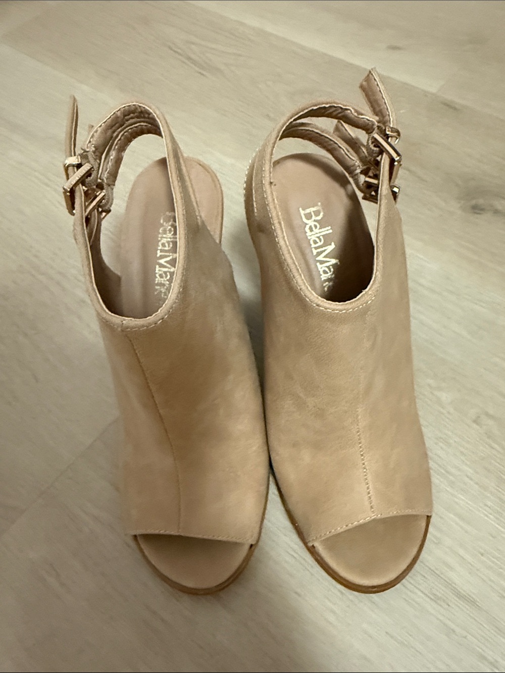 Bella Marie Tan Open-Toe Slingback Wedge Mules